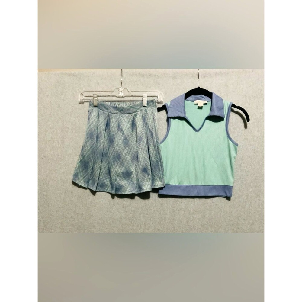 Knitworks set of 2 Mint Green & Blue Sleeveless Polo Tank Top and skirt w short